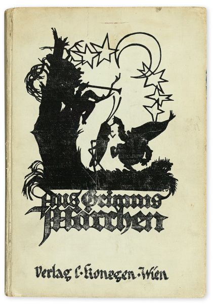 The cover of Anne and Margot Frank's copy of Grimm's Fairy Tales (Aus Grimms Märchen), Signed and Inscribed by Anne Frank, with Margot Frank's ink owner stamp, Vienna, 1925, inscription Amsterdam, circa 1940. Estimate $20,000 to $30,000.
