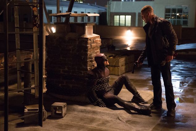 Charlie Cox as Matt Murdock and Jon Berthal as Frank Castle in Marvel's Daredevil.