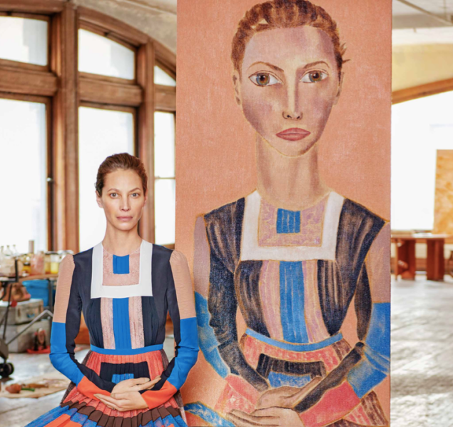 Christy Turlington and her portrait, painted by Francesco Clemente.