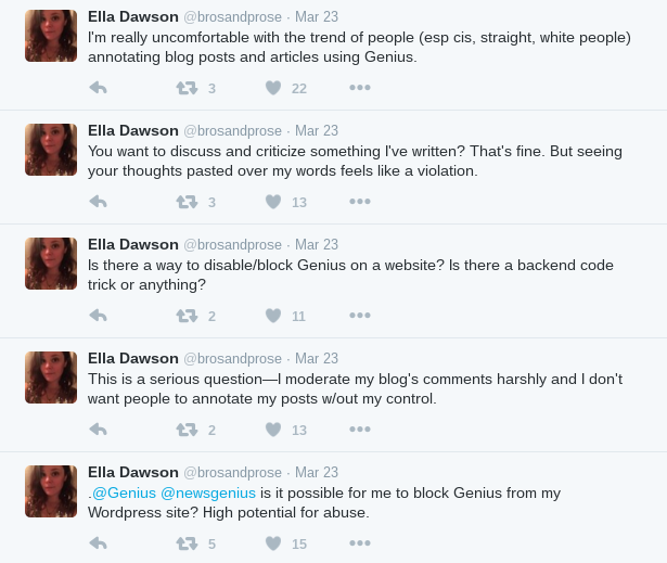 Ella Dawson's tweets about Genius's Web Annotator on March 23, 2016.