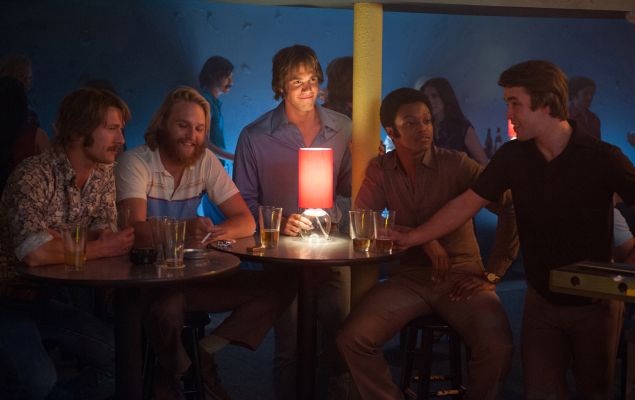 Left to right: Glen Powell plays Finnegan, Wyatt Russell plays Willoughby, Blake Jenner plays Jake, James Quinton Johnson plays Dale Douglas and Temple Baker plays Plummer in "Everybody Wants Some."