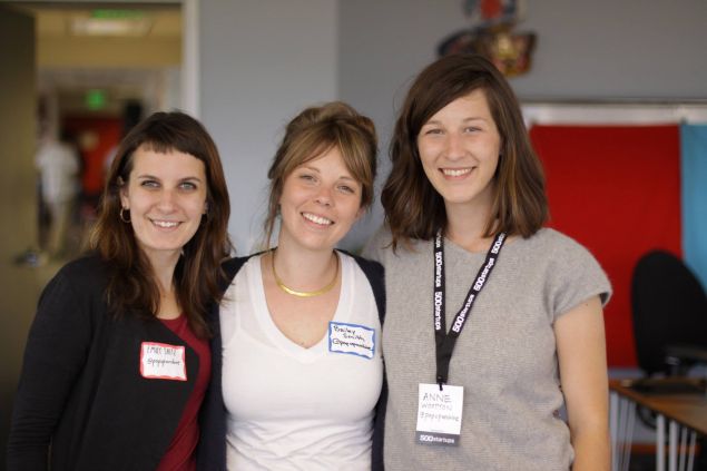 Pop Up Archive team member, Emily Saltz, and co-founders Bailey Smith and Anne Wootton, at the 500 Startups demo day in 2014.