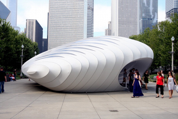 The "Pavilion" by Zaha Hadid sits in Millennium Park in Chicago, Illinois.