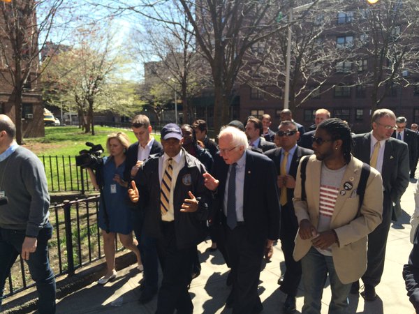 Sen. Bernie Sanders, flanked by Borough President Eric Adams and Councilman Jumaane Williams.