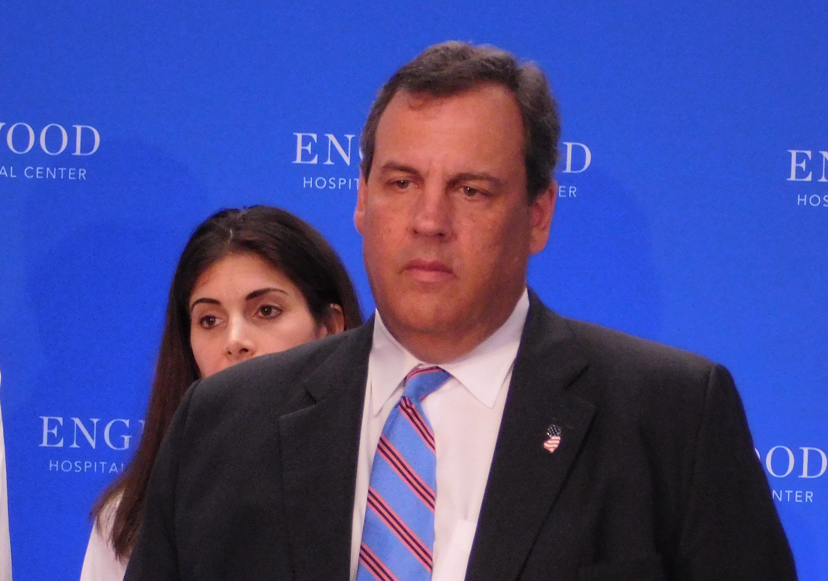 Governor Christie at a press conference in Englewood. 
