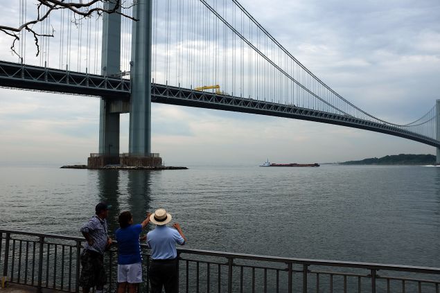 People on the Brooklyn side of the Verrazano Bridge stare out at Staten Island.