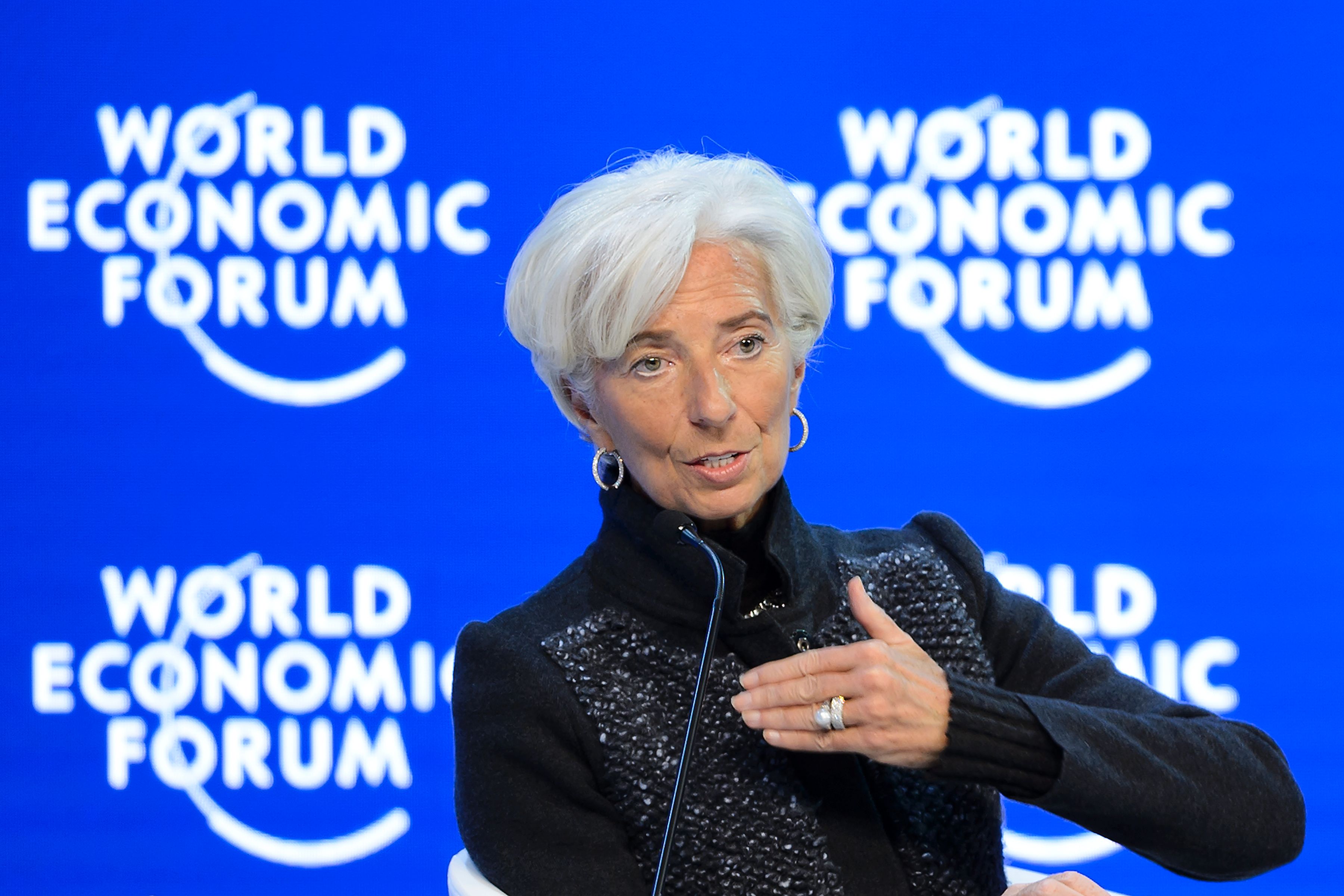 IMF Managing Director Christine Lagarde gestures during a session of the World Economic Forum annual meeting on January 23, 2016 in Davos.