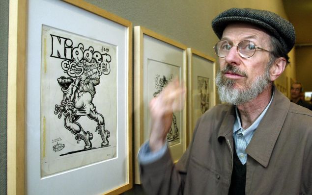 American cartoonist Robert Crumb shows one of his paintings at the Museum Ludwig in the western town of Cologne, 27 May 2004. (Photo credit should read TORSTEN SILZ/AFP/Getty Images)