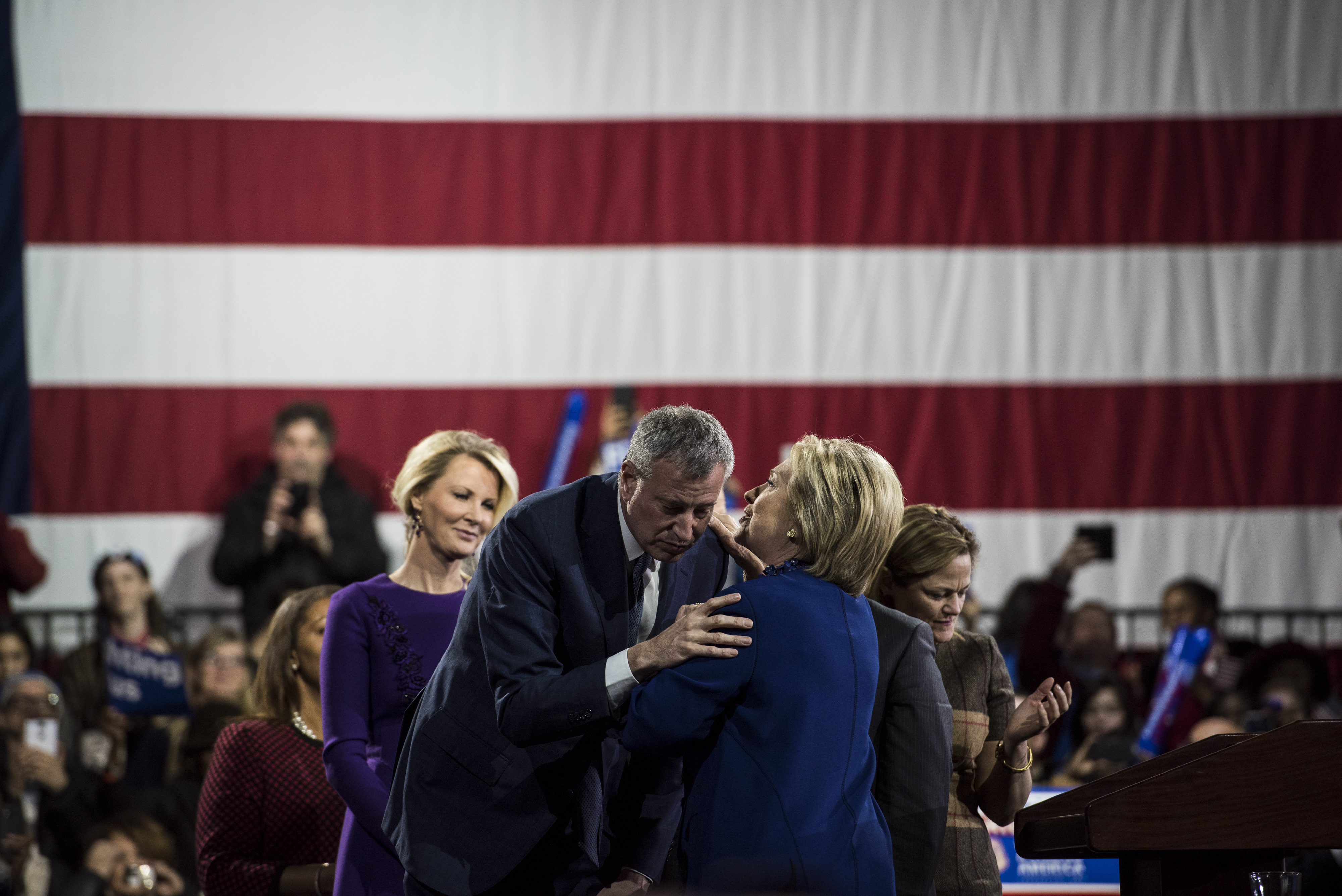 Hillary Clinton with Mayor Bill de Blasio at a rally.