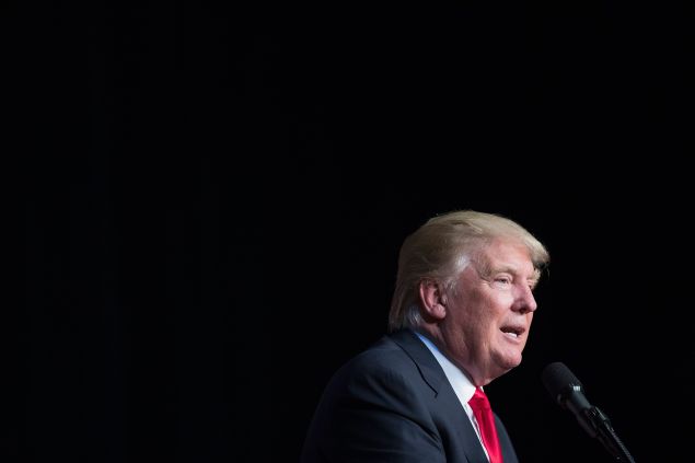 Republican presidential candidate Donald Trump speaks to guests during a campaign stop at Memorial High School on April 2, 2016 in Eau Claire, Wisconsin. Wisconsin voters go to the polls for the state's primary on April 5.