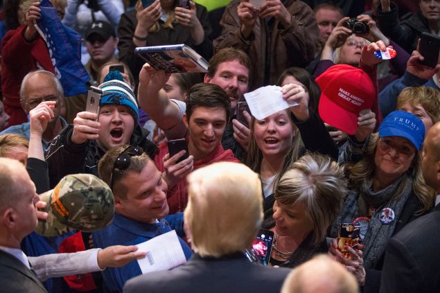Republican presidential candidate Donald Trump greets guests during a campaign stop at Memorial High School on April 2, 2016 in Eau Claire, Wisconsin. Wisconsin voters go to the polls for the state's primary on April 5.