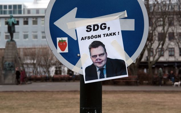 A poster near the Icelandic Parliament building in downtown Reykjavik mocks former Prime Minister Sigmundur David Gunnlaugsson following the Panama Papers leak.