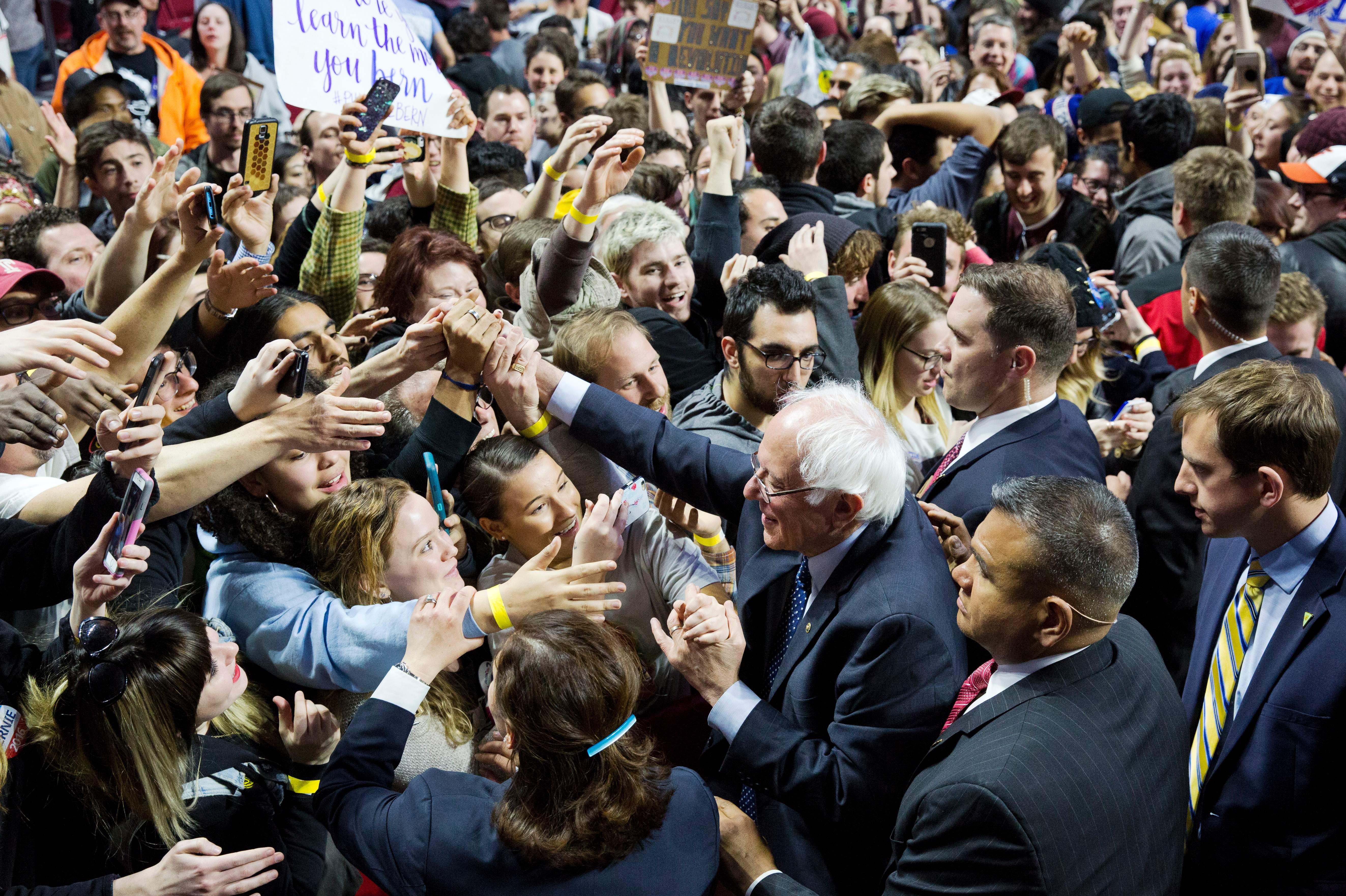 Bernie Sanders greets supporters at a rally at Temple University in Philadelphia on April 6.