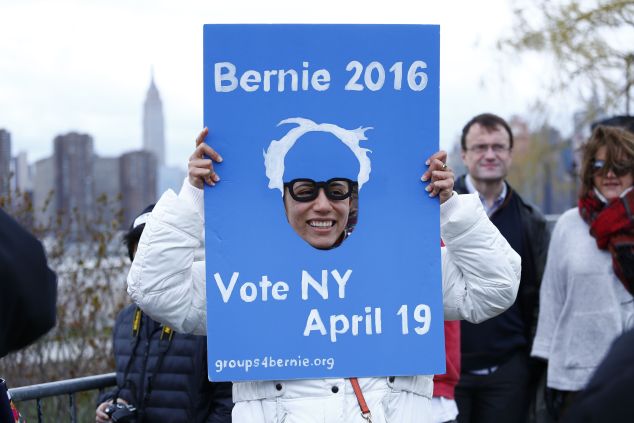 An enthusiastic Sanders supporter feels the Bern prior to a Sanders rally in New York on April 8.