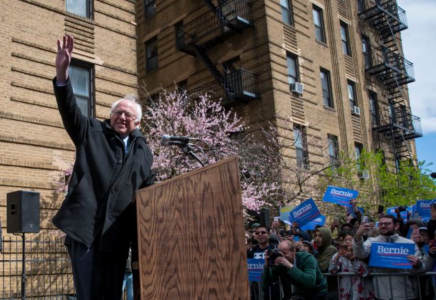 Sen. Bernie Sanders holds a rally outside his childhood home in Flatbush, Brooklyn, on April 8.