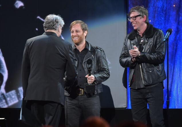 Dan Auerbach (C) and Patrick Carney of The Black Keys induct Steve Miller at the 31st Annual Rock And Roll Hall Of Fame Induction Ceremony at Barclays Center of Brooklyn on April 8, 2016 in New York City.