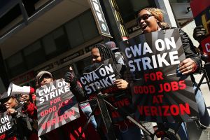 NEW YORK, NEW YORK - APRIL 13: Hundreds of Verizon workers strike outside of the telecommunications company's Brooklyn offices on April 13, 2016 in New York City. Across the nation nearly 40,000 Verizon workers with the Communications Workers of America (CWA) and the International Brotherhood of Electrical Workers (IBEW) walked off their jobs Wednesday demanding a new contract. The workers' contract expired in August, and Verizon management has yet to negotiate a new one citing issues with health care expenses for its retired and current employees. 