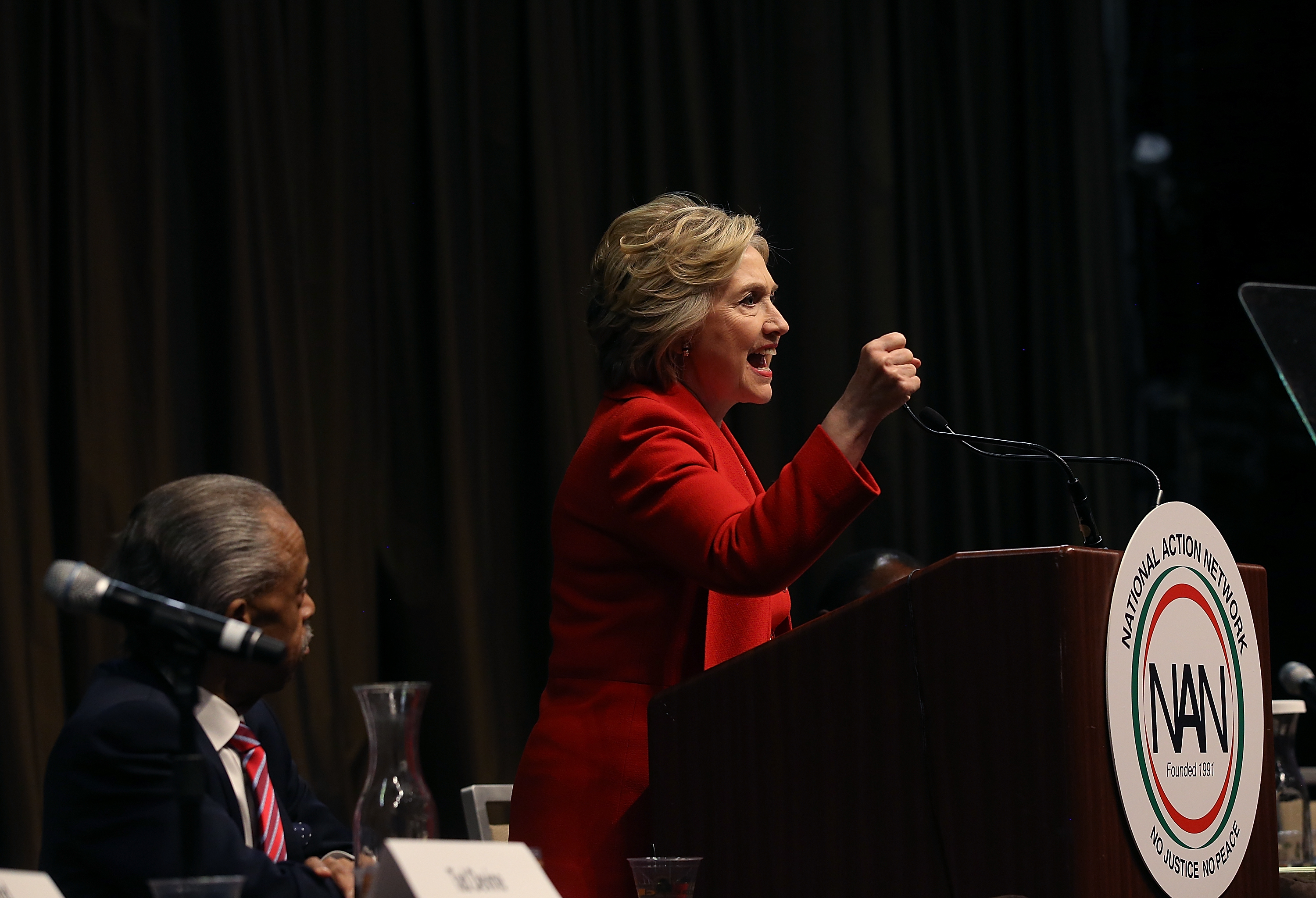 Democratic presidential candidate former Secretary of State Hillary Clinton speaks during the National Action Network's 25th Anniversary Convention on April 13, 2016.