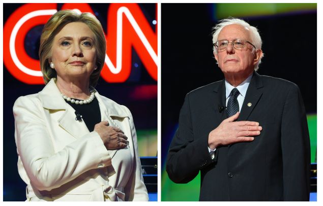 This two-picture combination shows US Democratic presidential candidates Hillary Clinton (L) and Bernie Sanders before the CNN Democratic Presidential Debate at the Brooklyn Navy Yard on April 14, 2016 in New York. Hillary Clinton and Bernie Sanders take their increasingly acrimonious battle for the Democratic White House nomination to a debate stage in Brooklyn on Thursday ahead of the key New York primary. / AFP / Jewel SAMAD