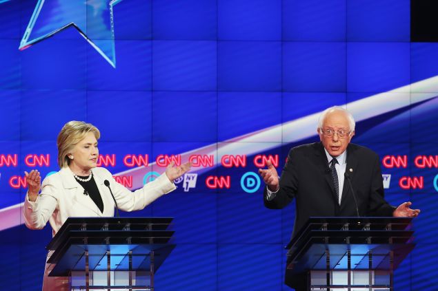 Democratic Presidential candidates Hillary Clinton and Sen. Bernie Sanders (D-VT) debate during the CNN Democratic Presidential Primary Debate at the Duggal Greenhouse in the Brooklyn Navy Yard on April 14, 2016 in New York City. The candidates are debating ahead of the New York primary to be held April 19.
