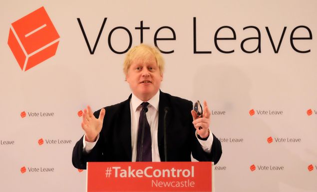 London Mayor Boris Johnson speaks at a 'Vote Leave' rally in Newcastle upon Tyne, England, on April 16.