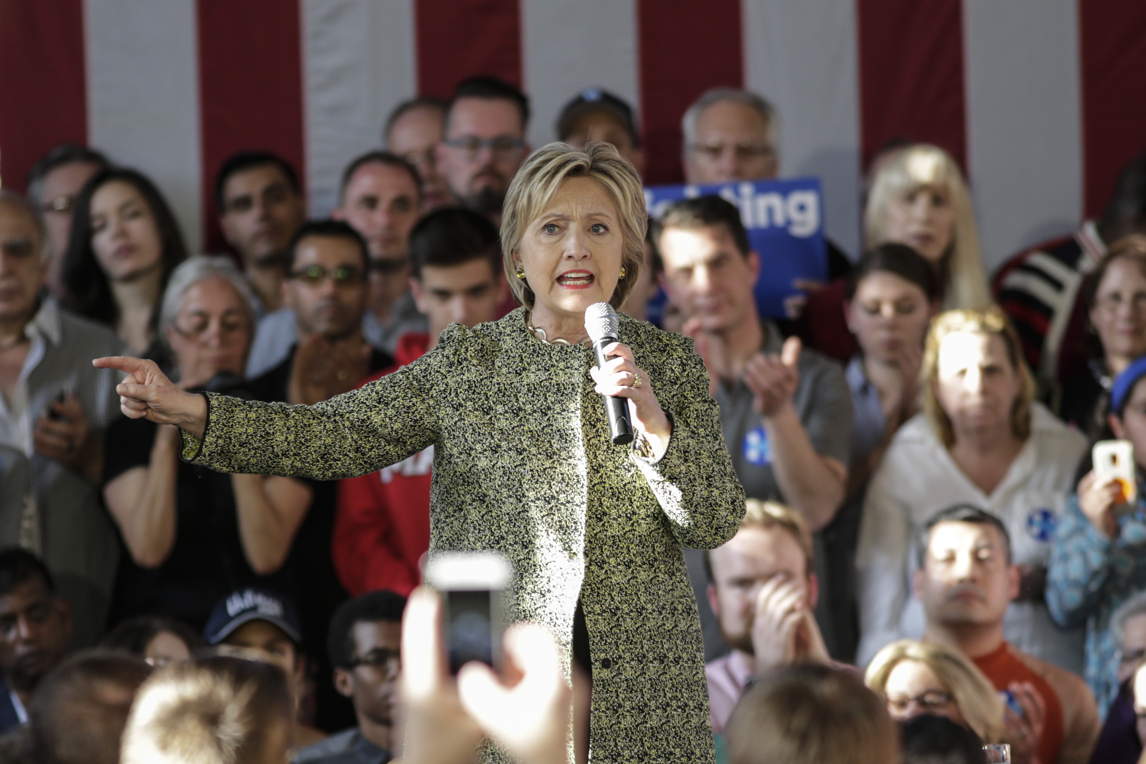 Democratic presidential candidate Hillary Clinton addresses a rally in The Great Hall at Snug Harbor in Staten Island, New York on April 17, 2016.
