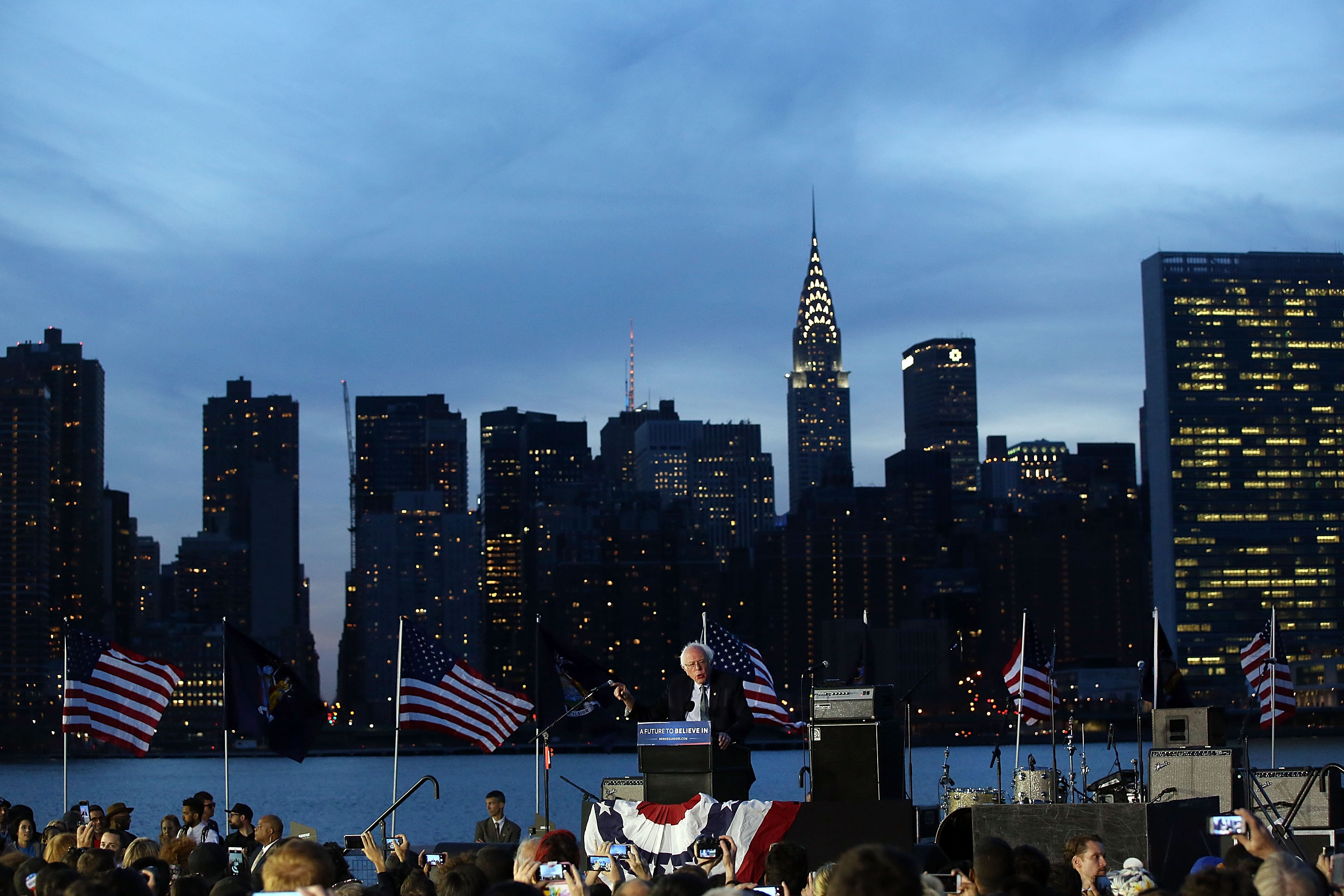 Democratic Presidential candidate Bernie Sanders speaks at a campaign rally on the eve of the New York primary, April 18, 2016 in the Queens borough of New York City.