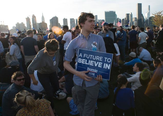 A crowd awaits Bernie Sanders' arrival at a campaign rally in New York on April 18.