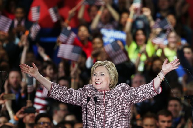 Democratic presidential candidate Hillary Clinton walks on stage after winning the highly contested New York primary on April 19, 2016 in New York City. Clinton, who had enjoyed a large lead over her rival Bernie Sanders only months ago, saw that lead shrink as the Sanders campaign made inroads with younger and more liberal voters.