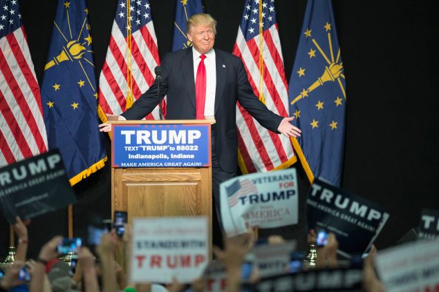 Republican presidential candidate Donald Trump speaks to guests and supporters during a rally at the Indiana State Fairgrounds on April 20, 2016 in Indianapolis, Indiana. There are 57 delegates at stake in Indianas May 3 primary.