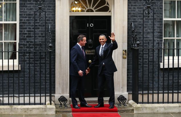 President Obama arrives at Downing Street to meet with British Prime Minister David Cameron on Friday, April 22.