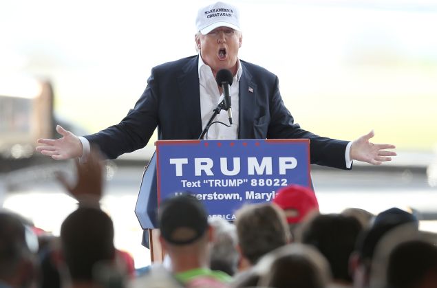 Republican presidential candidate Donald Trump speaks while campaigning at the Hagerstown airport April 24, 2016 in Hagerstown, Maryland. Maryland holds their presidential primary on Tuesday, along with Delaware, Pennsylvania, Rhode Island and Connecticut. 