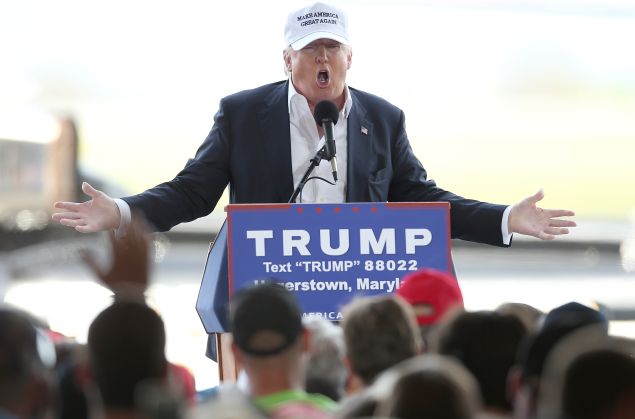 Republican presidential candidate Donald Trump speaks while campaigning at the Hagerstown airport April 24, 2016 in Hagerstown, Maryland. Maryland holds their presidential primary on Tuesday, along with Delaware, Pennsylvania, Rhode Island and Connecticut.