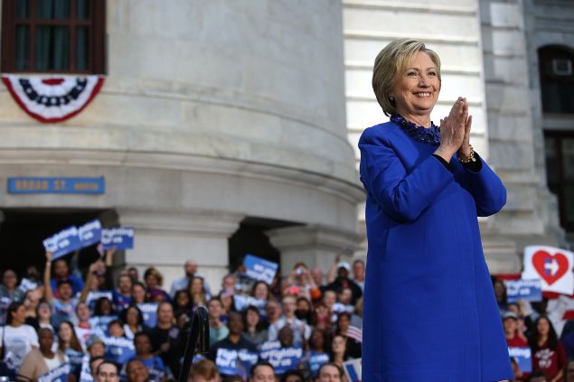 Democratic presidential candidate former Secretary of State Hillary Clinton greets supporters during a Get Out the Vote rally at Philadelphia City Hall on April 25, 2016 in Philadelphia, Pennsylvania. Hillary Clinton is campaigning in Deleware and Pennsylvania ahead of Tuesday's presidential primaries.