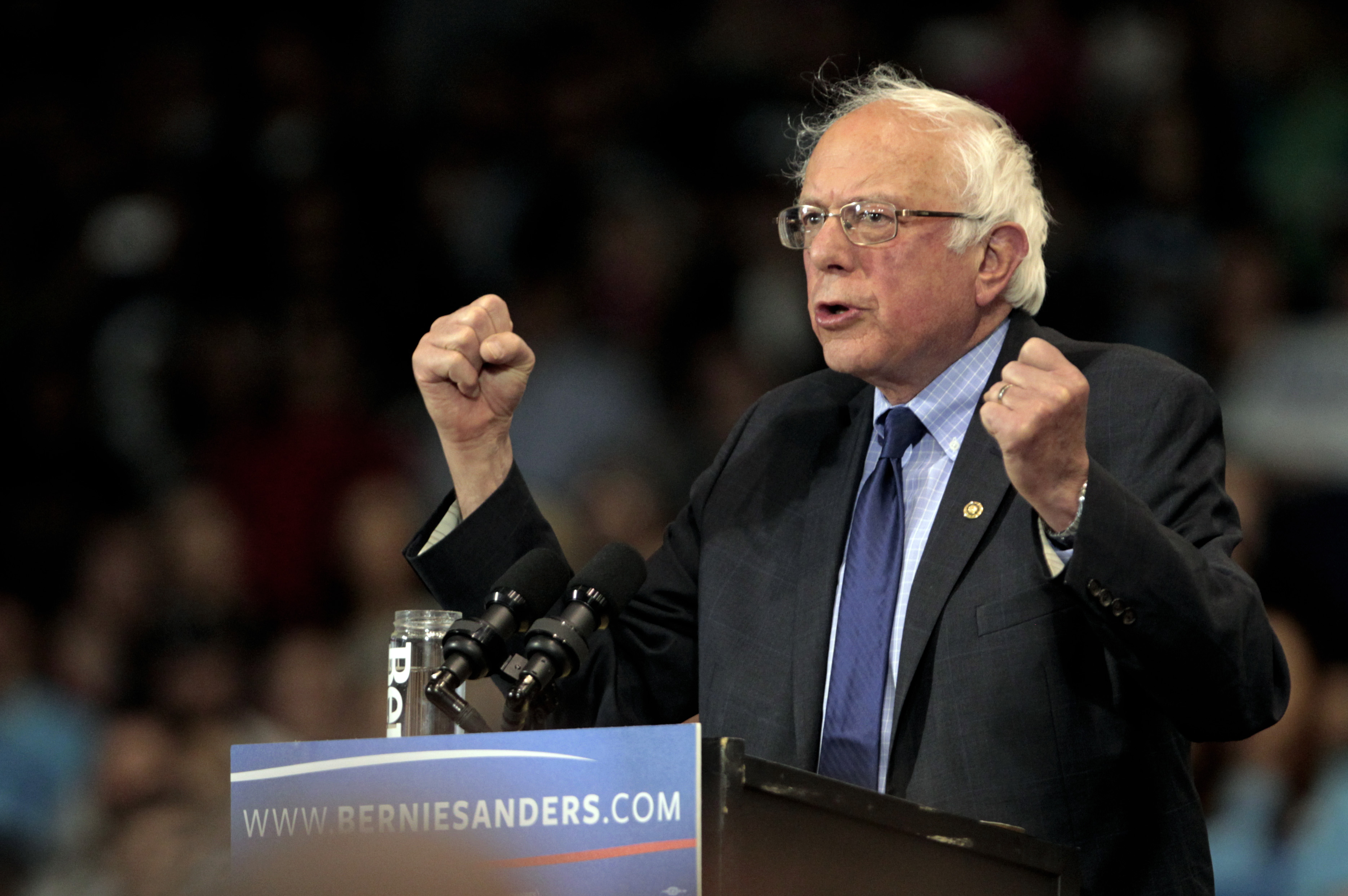 Democratic presidential candidate Bernie Sanders addresses the crowd during a campaign rally at the Big Sandy Superstore Arena, April 26, 2016 in Huntington, West Virginia. Sanders is preparing for West Virginia's May 10th primary. 