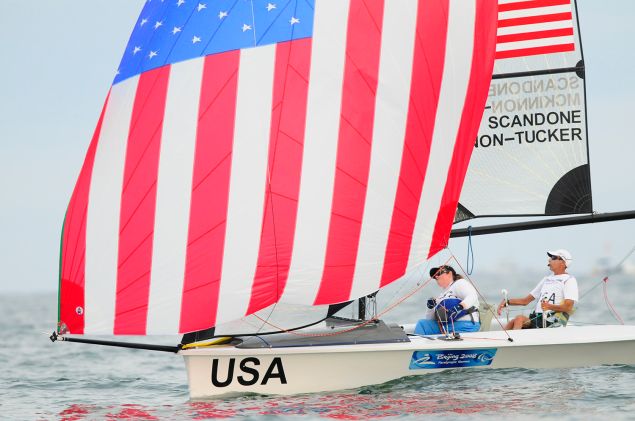 The USA team of Nick Scandone and Maureen Mckinnon-Tucker competes in the 2P Keelboat Sailing event at Qingdao Olympic Sailing Centre during day five of the 2008 Paralympic Games on September 11, 2008 in Qingdao, China. 