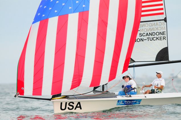 The USA team of Nick Scandone and Maureen Mckinnon-Tucker competes in the 2P Keelboat Sailing event at Qingdao Olympic Sailing Centre during day five of the 2008 Paralympic Games on September 11, 2008 in Qingdao, China.