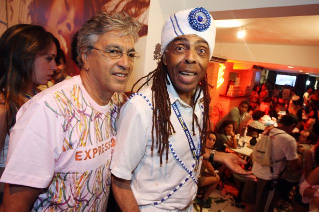 The singers Caetano Veloso (L) and Gilberto Gil (R) in the Expresso 2222's belvedere on February 22, 2009 in Salvador, Brazil. Expresso 2222 used to be a trio-eletrico, but this year became a VIP Area created by the Brazilian singer and former Minister of Culture Gilberto Gil.