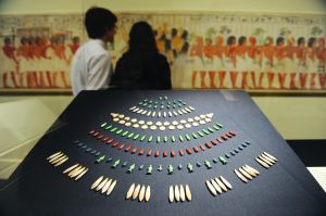 Floral pendants made of faience from the ancient Egyptian New Kingdom, at The Metropolitan Museum of Art in New York.