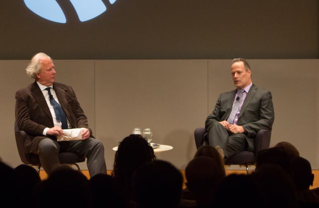 Graydon Carter (left) in conversation with Sebatian Junger at The New York Public Library.