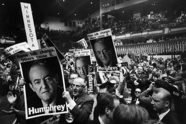 Delegates hold up HUMPHREY posters and signs at the Democratic National Convention, Chicago, Illinois on 28th August 1968. (Photo by Hulton Archive/Getty Images)