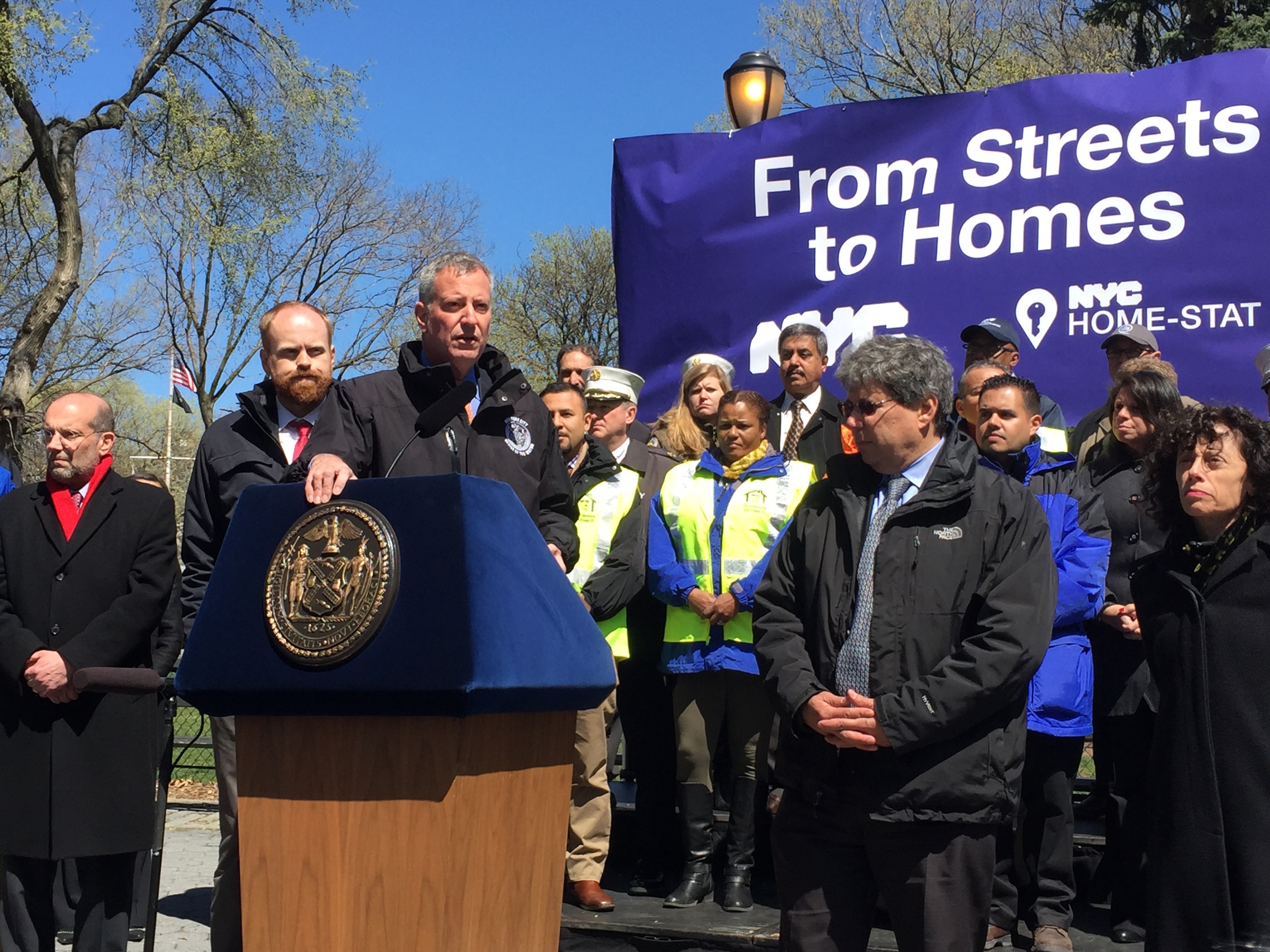 Mayor Bill de Blasio talks about homelessness in Tompkins Square Park. 