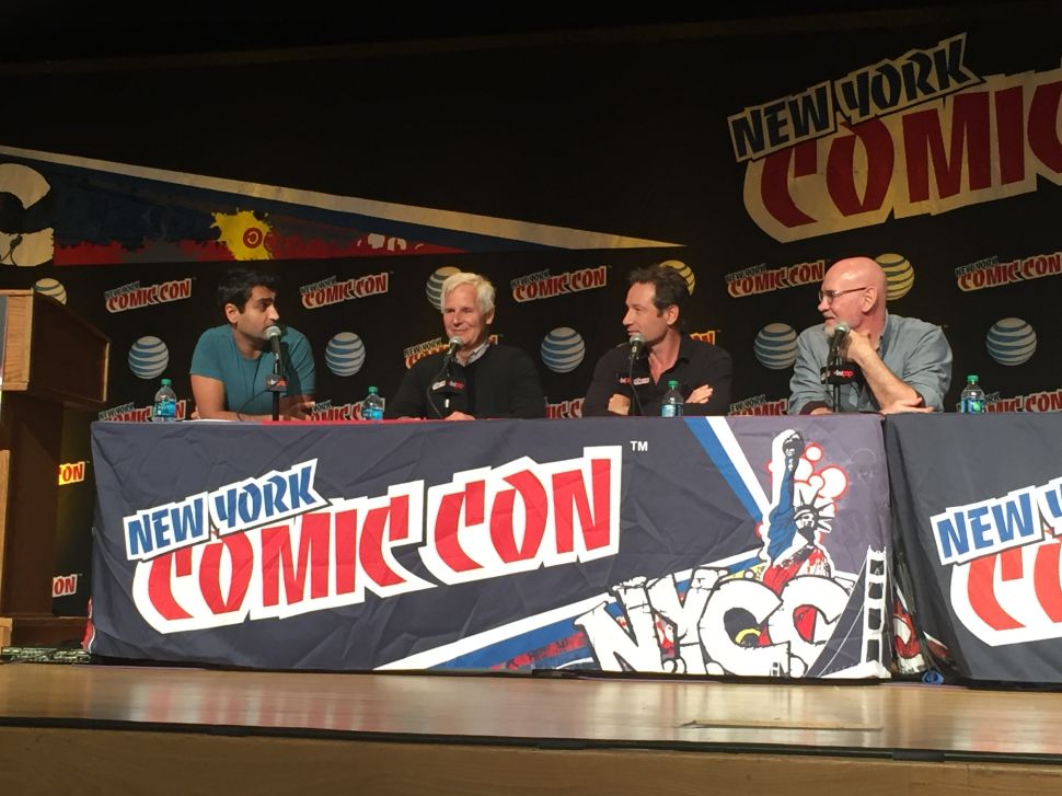 The New York Comic-Con at The Jacob K. Javits Convention Center on October 10, 2015 featured Moderator Kumail Nanjian, with X Files creator Chris Carter and stars David Duchovny and Mitch Pileggi