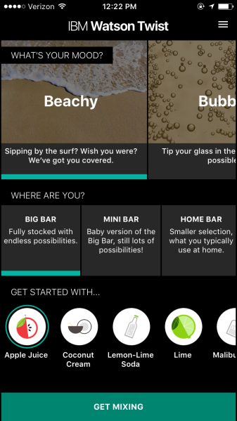 Know that you want something bubbly? Something with lime? Watson will help you build the perfect cocktail from there.