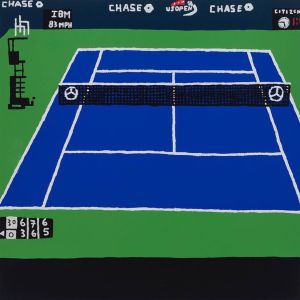 A tennis court painting by Jonas Wood that sold for $57,000 at the benefit.