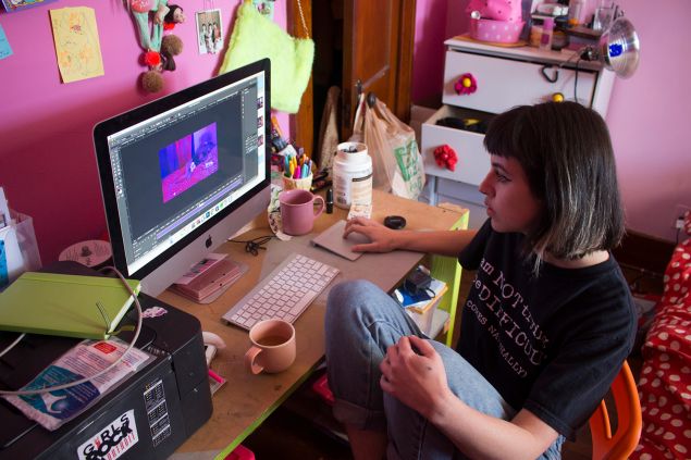 Molly Soda working at her home in Hamtramck, Michigan.