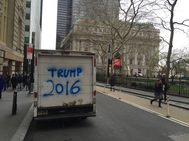 This truck in lower Manhattan proclaims its support for the Republican frontrunner. 