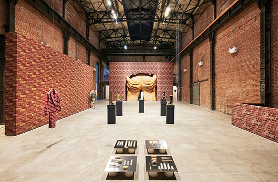 Anthea Hamilton's exhibition "Lichen! Libido! Chastity!" at SculptureCenter in 2015.