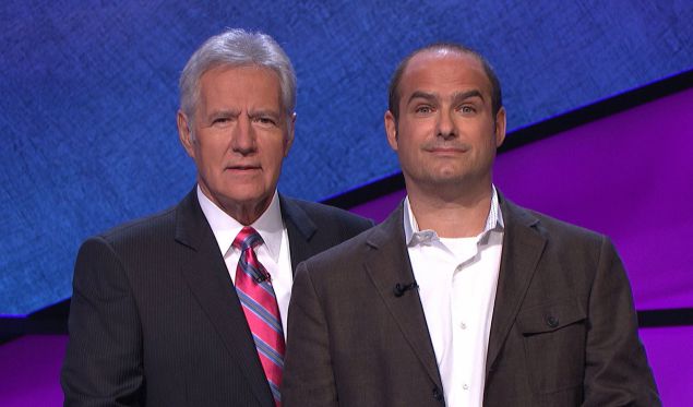 BFFs Alex Trebek and Neal Pollack pose on the set of Jeopardy