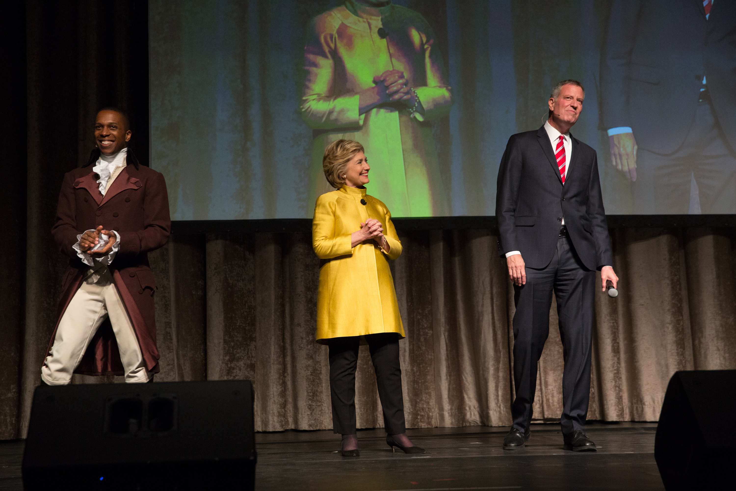 Democratic presidential candidate Hillary Clinton joins Mayor Bill de Blasio as surprise guest during the annual Inner Circle Show with actor and singer Leslie Odom, Jr. at the New York Hilton Midtown on Saturday, April 9, 2016, 